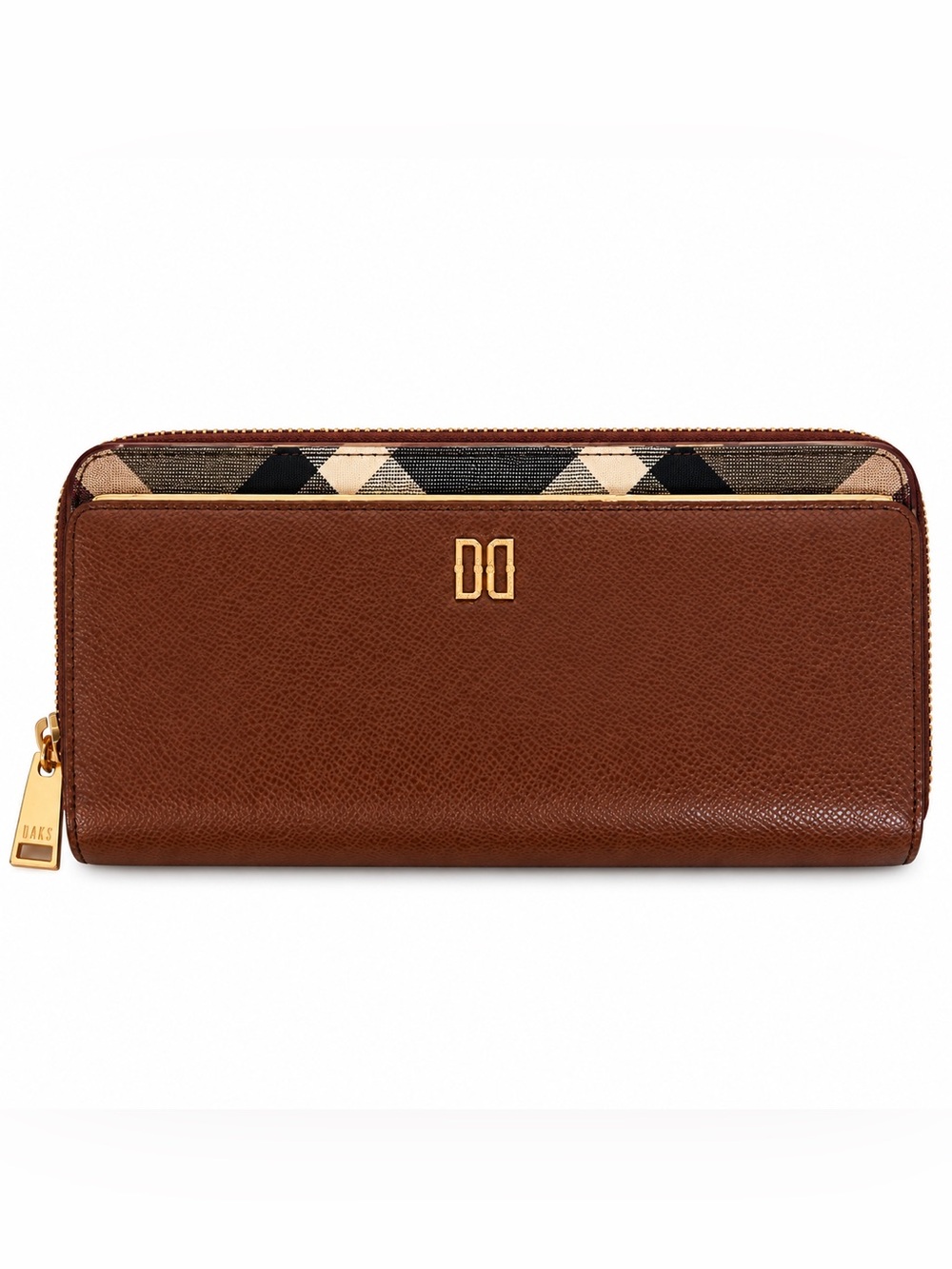 DAKS Brown Leather Check Zip Around Continental Wallet Gold Hardware